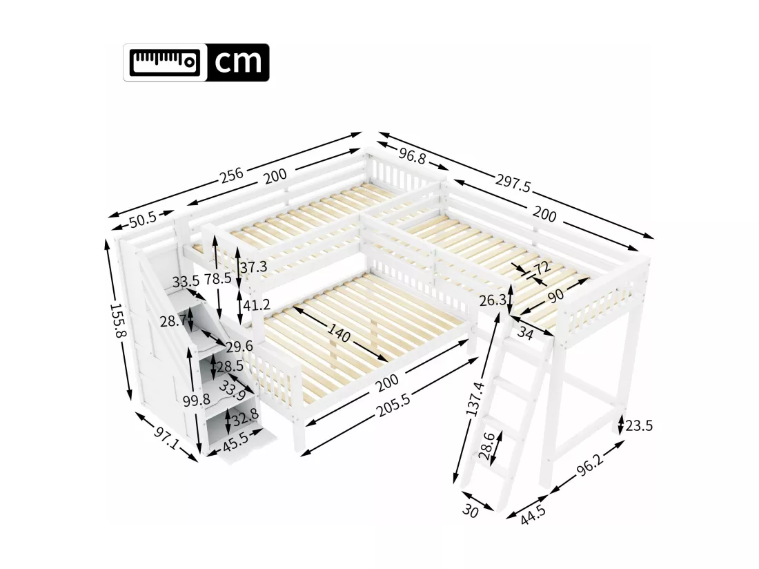Lit mezzanine, 140x200cm, 90x200cm, lit superposé, lit enfant avec escalier, en bois de pin, Blanc, pour trois enfants