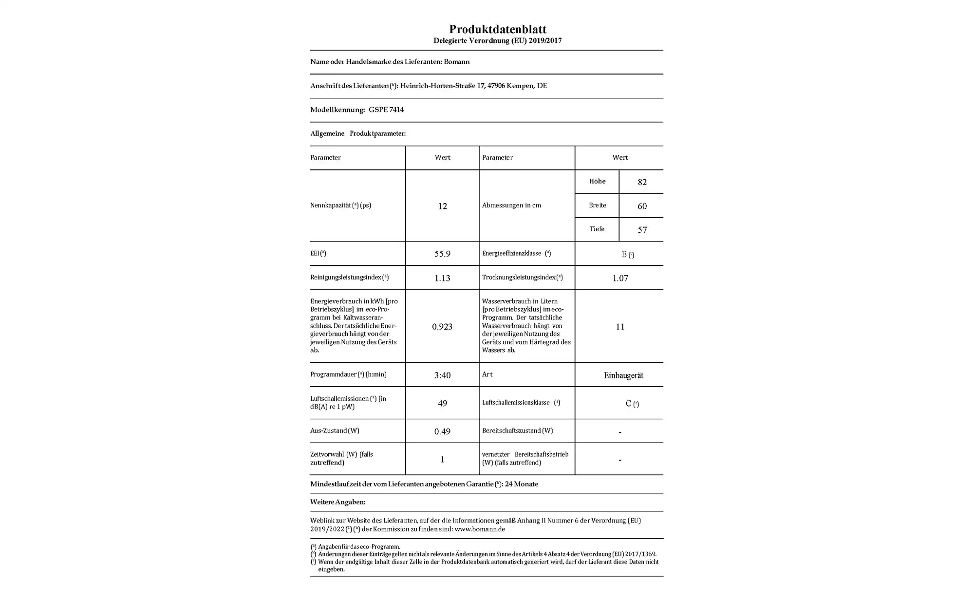 Bomann Einbau-Geschirrspüler GSPE 7414