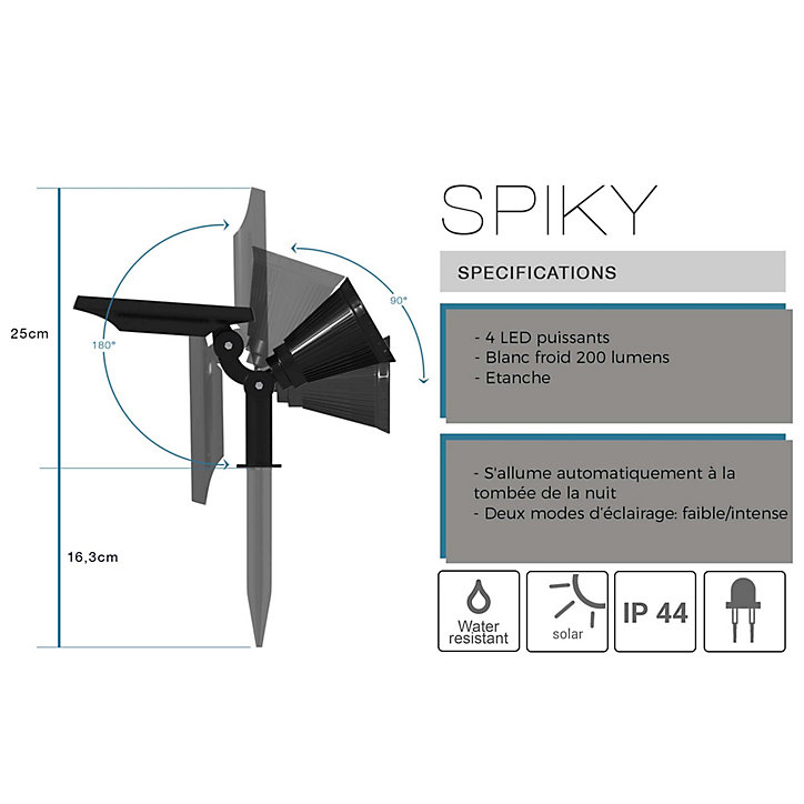 Lot 2 spots solaire LED intégrée Spiky W34 Lumisky noir IP44 200lm 2W blanc froid
