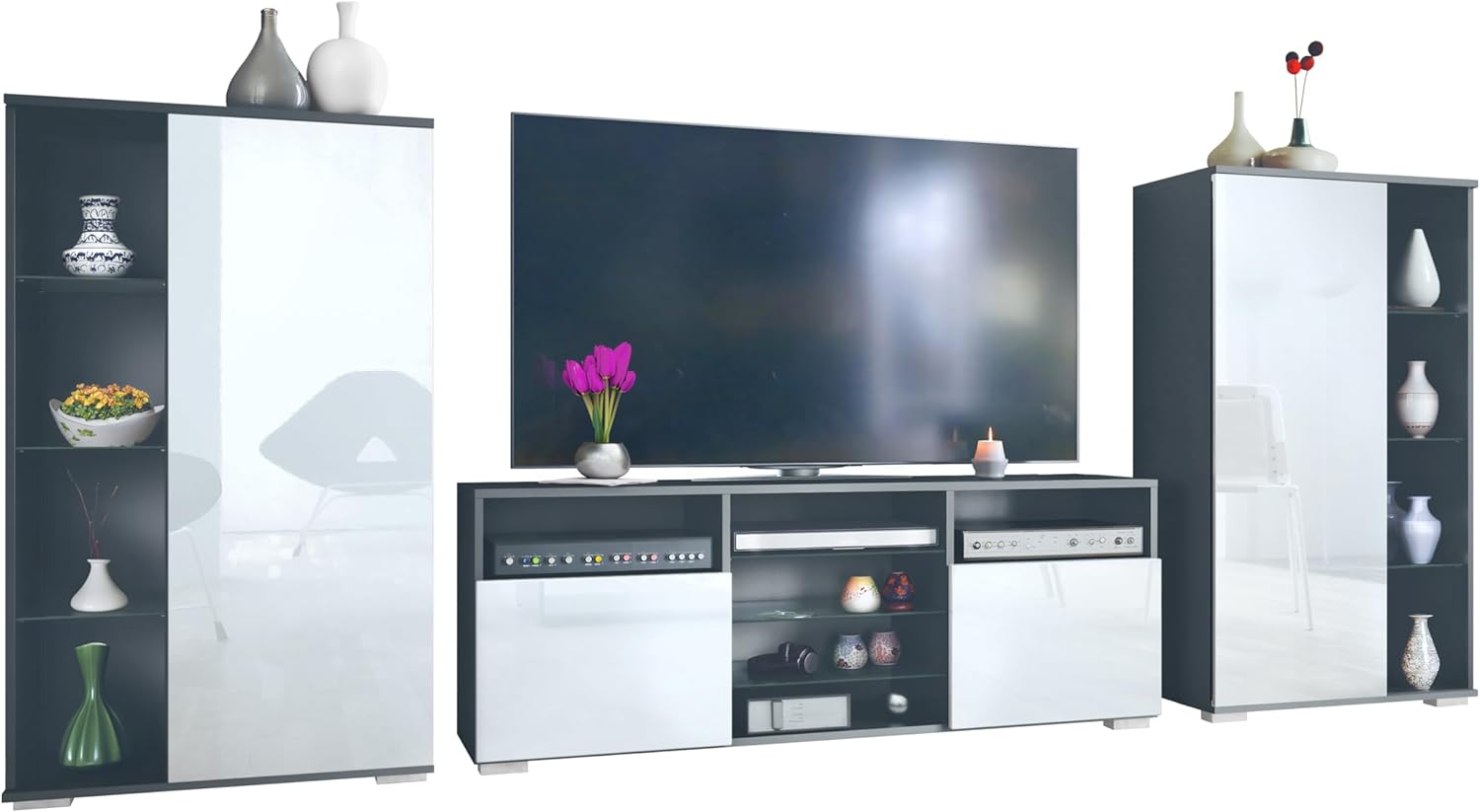 Vladon Wohnwand Davos, Anbauwand bestehend aus 2 Vitrinen und 1 TV-Board, Anthrazit matt/Weiß Hochglanz (329 x 134 x 35 cm)