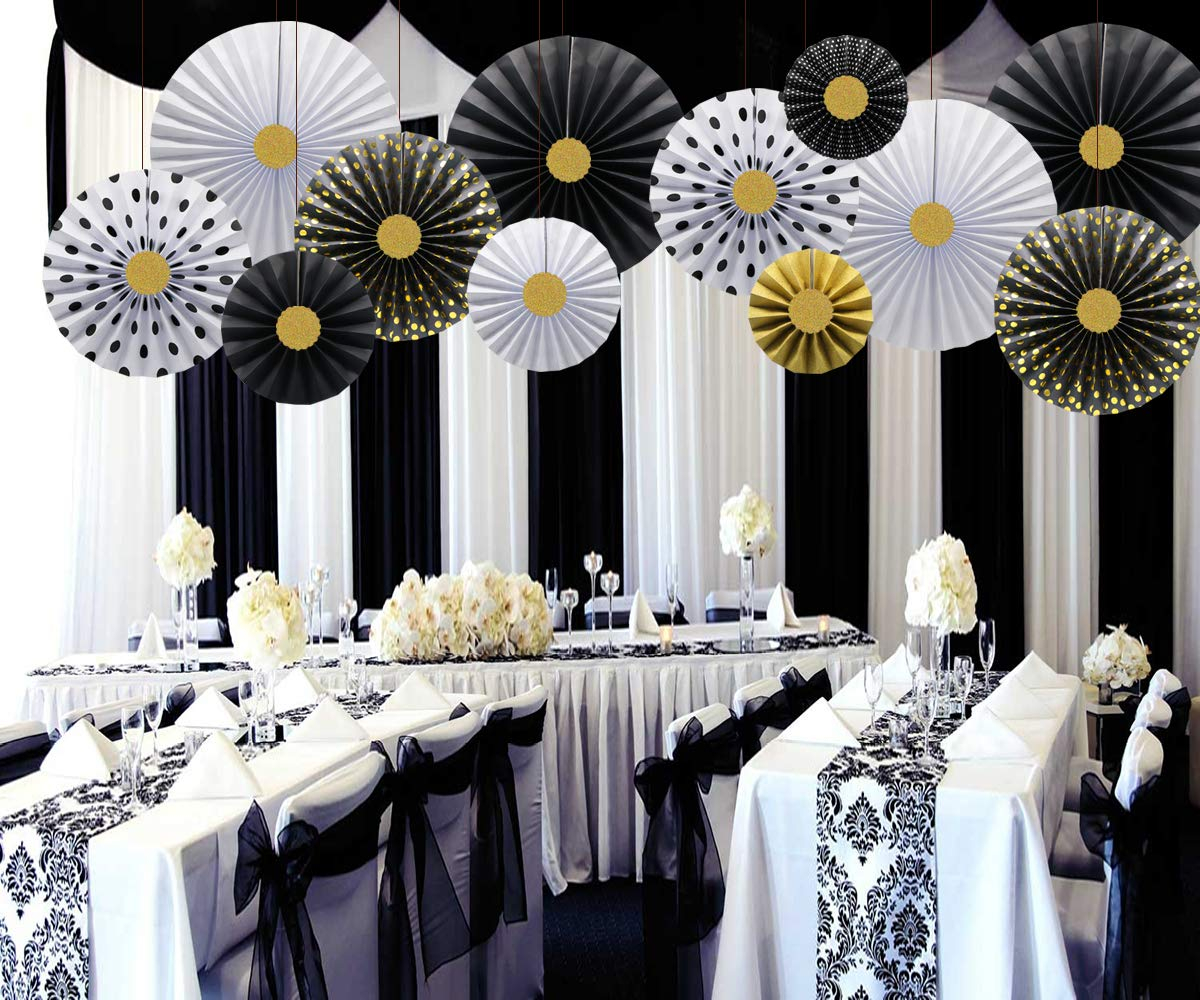 (8er Set) Papier Fächer Deko Rosetten Party / Geburtstag / Hochzeit - Schwarz / Gold / Weiss