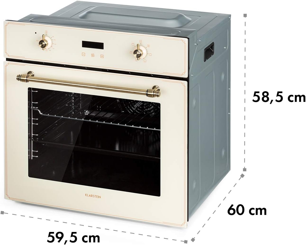 Klarstein Elizabeth - Elektrischer Einbaubackofen, Retro-Design, 70L, EEK A, Autark, Umluft/Ober- / Unterhitze/Grill, 2200 Watt, 50-250 °C, Drehregler und Türgriff in Messingoptik, creme