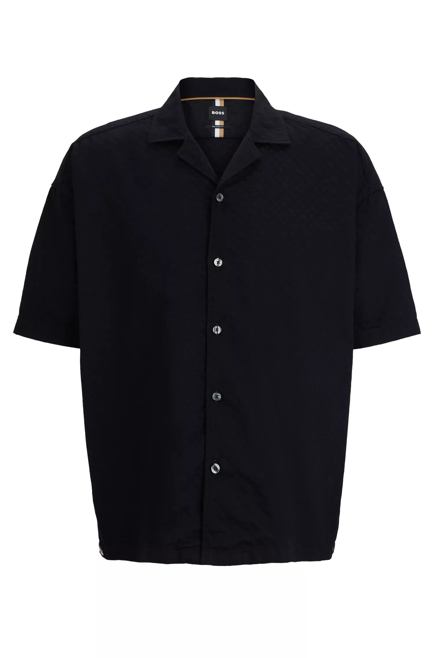 Camisa BOSS preta de corte relaxado em sarja de algodão com monograma.