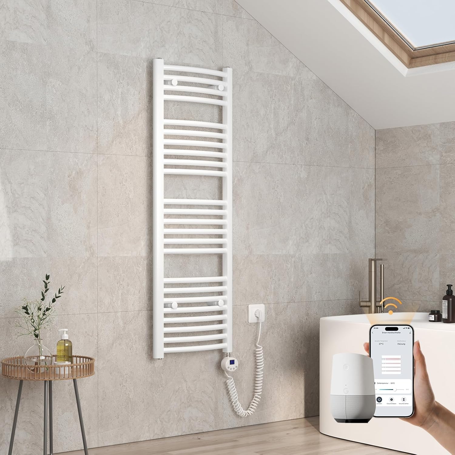 EMKE Handtuchheizkörper Elektrisch 120 x 40 cm, WiFi Intelligenter Gebogen Badheizkörper Elektrisch mit Thermostat Handtuchwärmer Handtuchhalter mit Heizstab Weiß 500 Watt