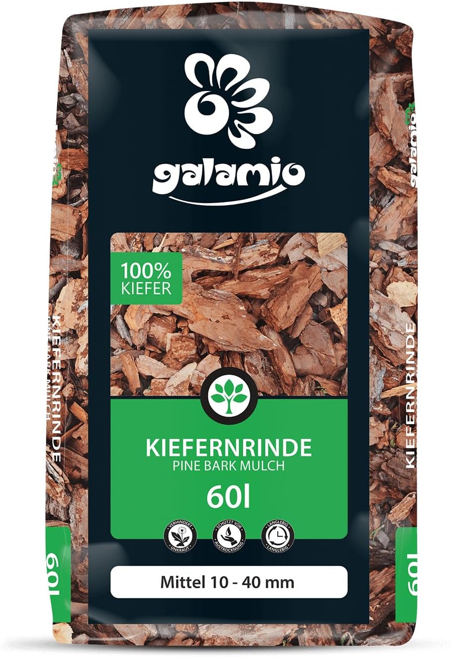 GALAMIO Kiefernrinde Kiefernmulch Rindenmulch Rinde Mulch Garten Dekor Pinus Sylvestris Natur Wald Kiefer Mittel 10-40mm 60l x 13 Sack 780l / 1 Palette