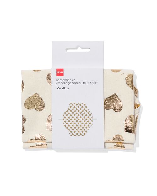 papier d’emballage réutilisable en tissu M coeurs or