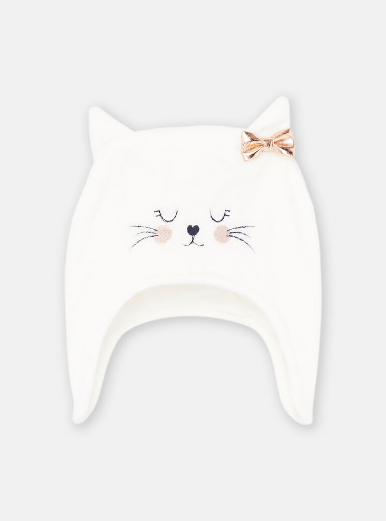 Chapka écru motif chat pour bébé fille
