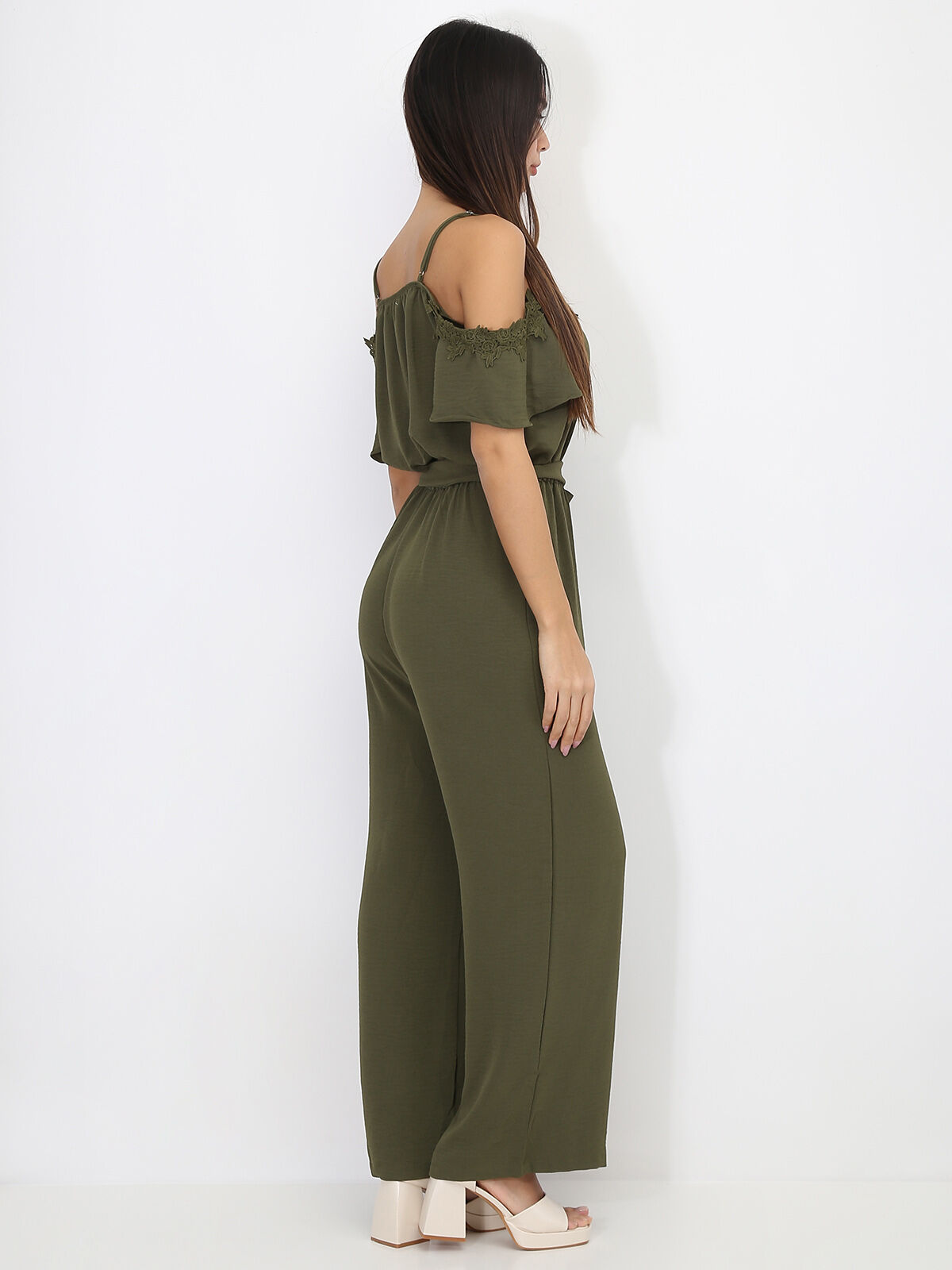 Combinaison ceinturée avec détail broderie- Kaki