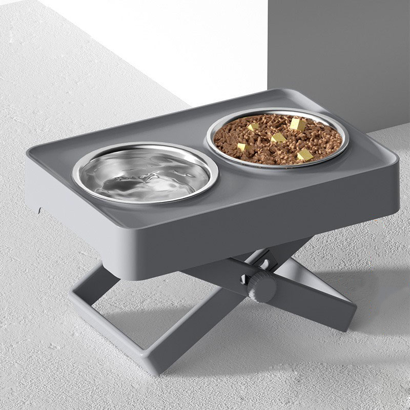 (430x295mm) Höhenverstellbare Haustier Futterstation Hunde Fress Napf   Wasser Schale - Grau / Silber