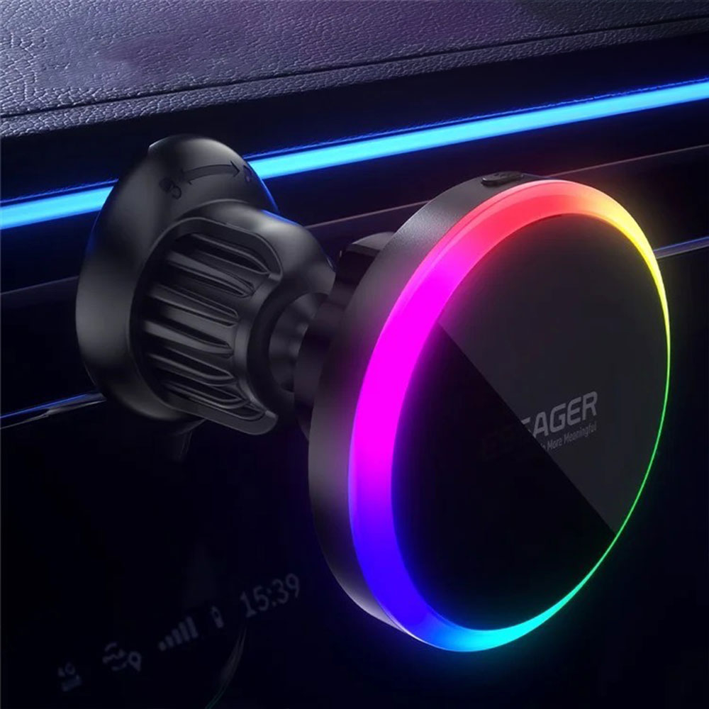 (15W) Selbstklebende MagSafe Auto KFZ Ladegerät Halterung Dashboard Smartphone Ständer für Lüftungsgitter Air Frame mit LED Beleuchtung - Schwarz