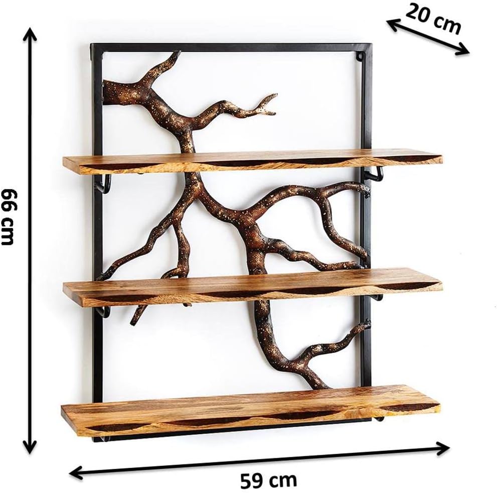 Kobolo Wandregal Hängeregal Bücherregal -AST Zweig- 3 Böden - 59x20x66 cm - aus Eisen und Holz