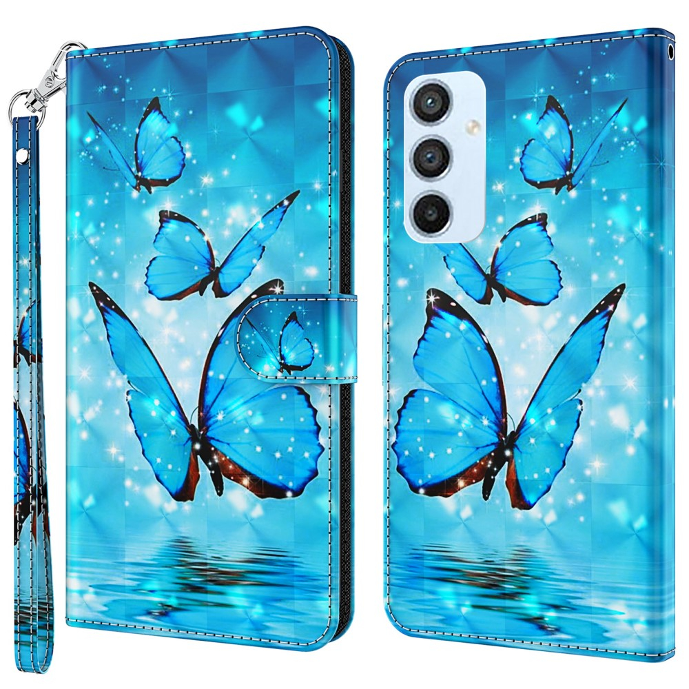 Samsung Galaxy A54 5G Leder Tasche mit Kartenfach   Handschlaufe - Schmetterling (Blau)