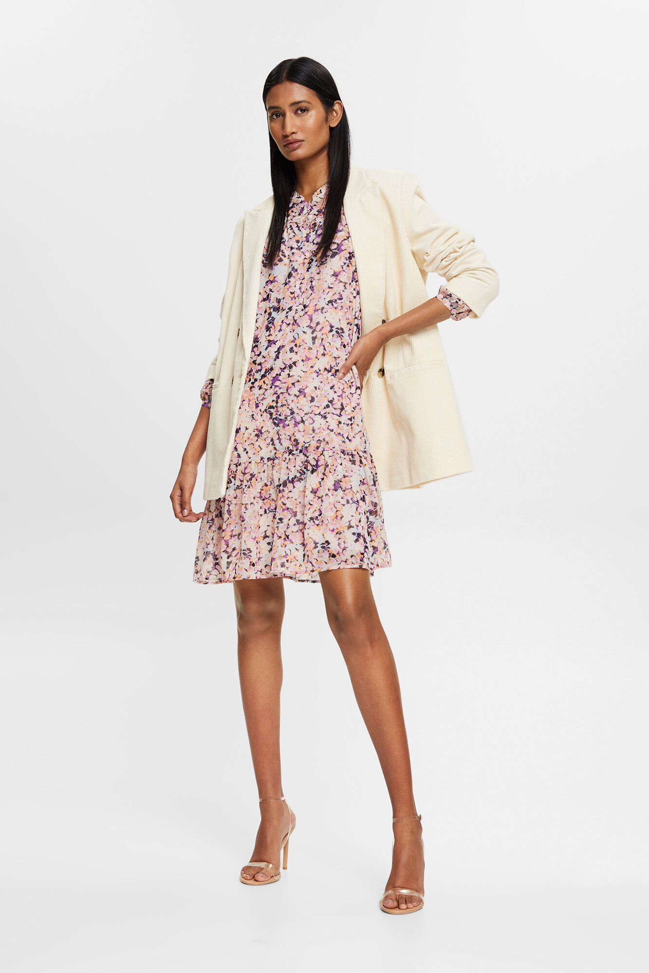 Vestido midi com estampa floral e babados - Multicolorido