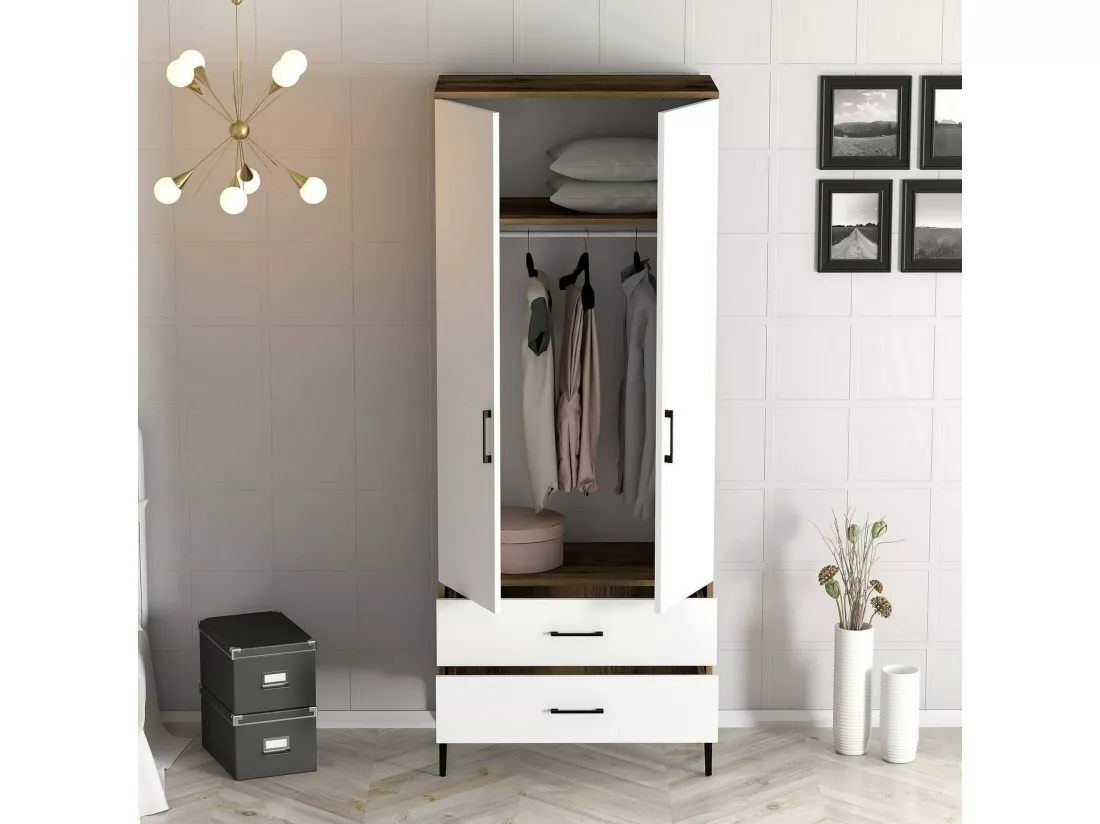 Garde-robe 2 portes Dpan, Meubles de chambre, Penderie de plain-pied, Placard à vêtements, 80x201h48 cm, Noyer et Blanc