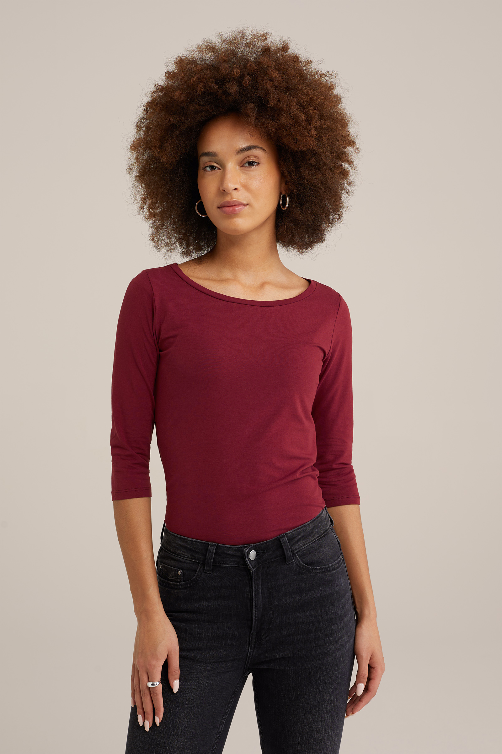 T-shirt met driekwart mouwen WE Fashion Donkerrood