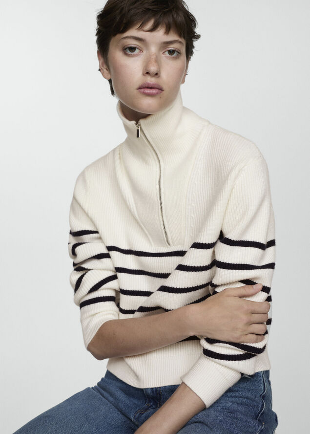 MANGO Striped sweater with zip Navy