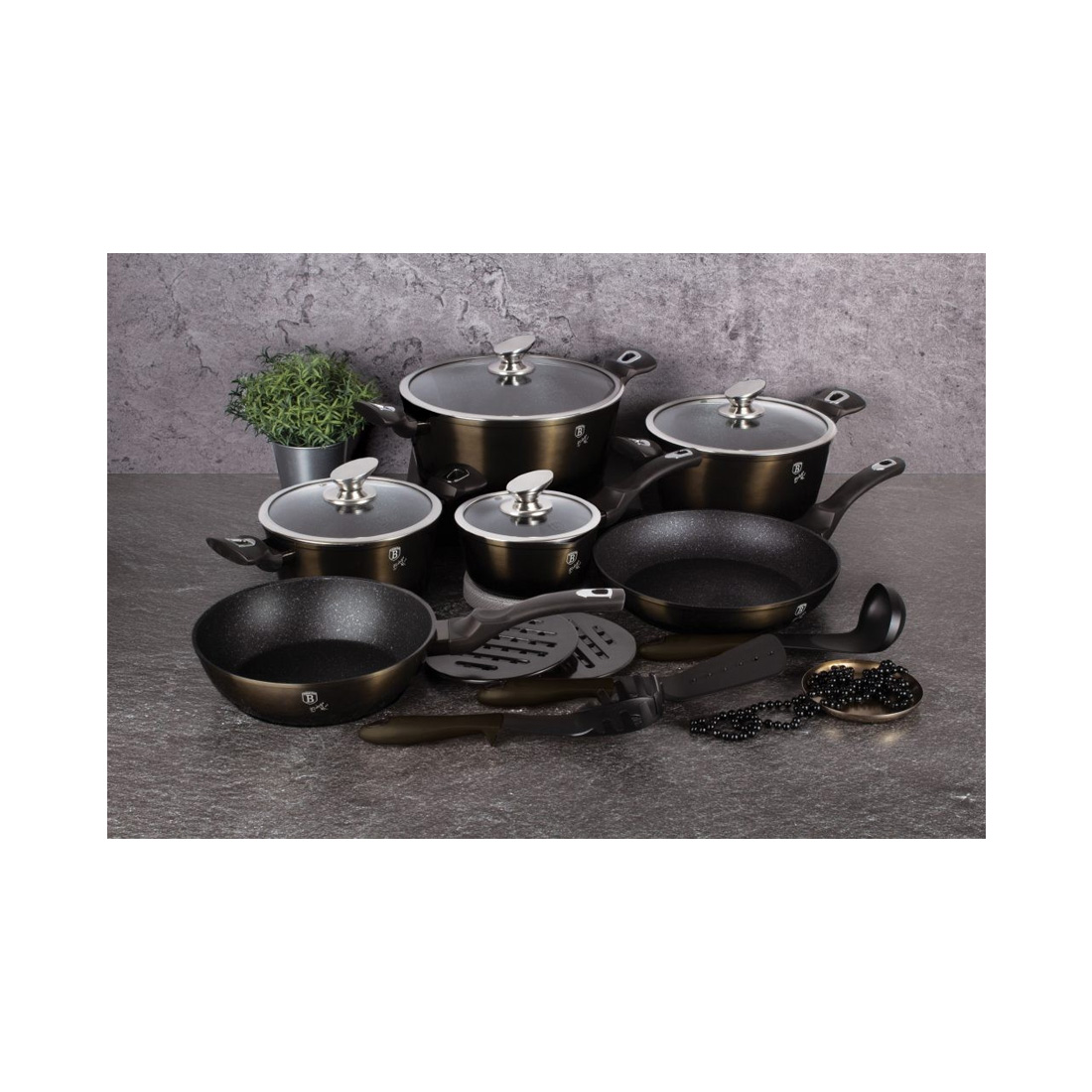 Berlinger Haus 18-teiliges Kochgeschirr-Set Shiny Black Edition