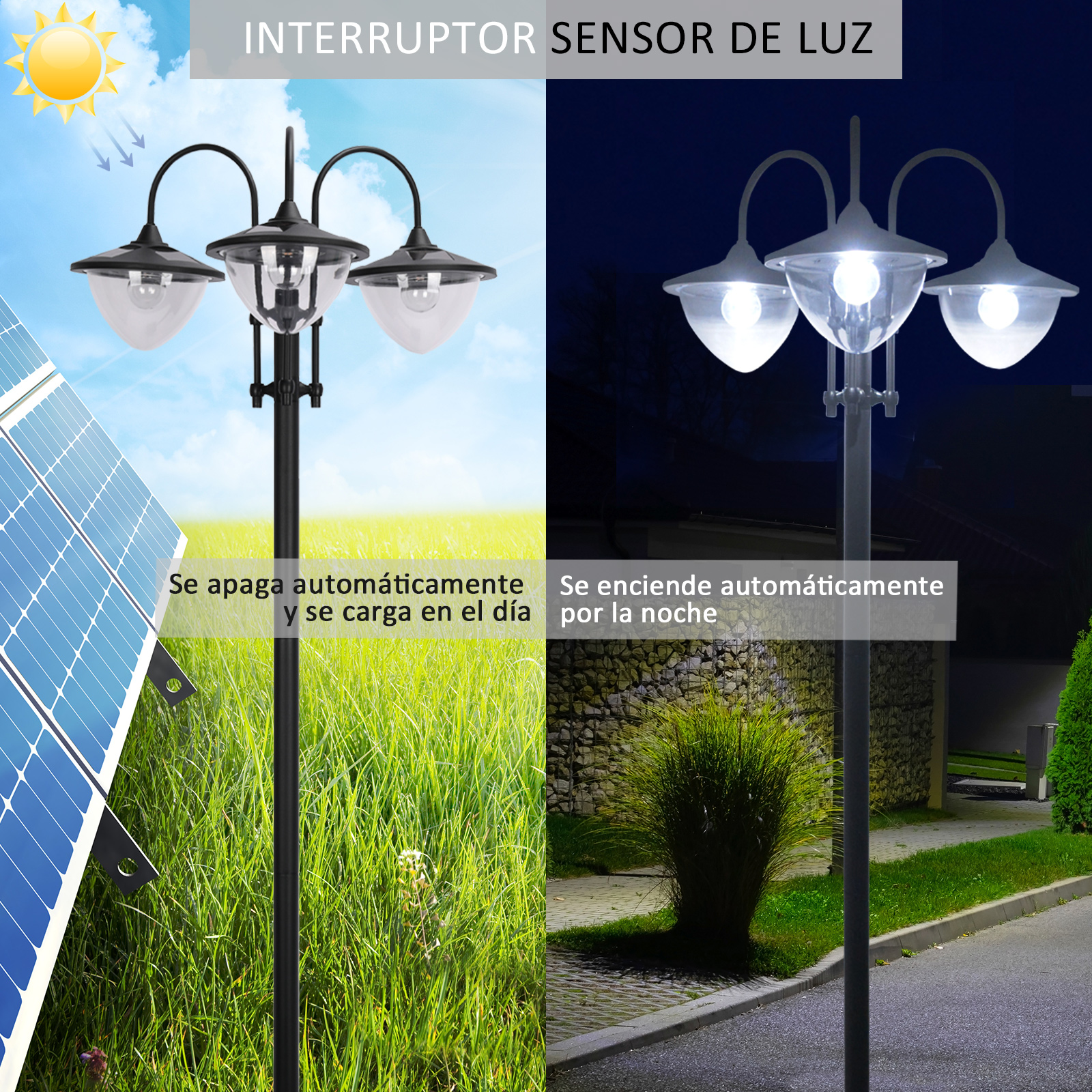 Luminária solar de jardim Outsunny com 18 LEDs brancos frios de 6000K, à prova d'água IP44, sensor noturno e base para vaso de flores, luminária externa para caminhos, terraços e pátios, 60x55x189 cm, preta.