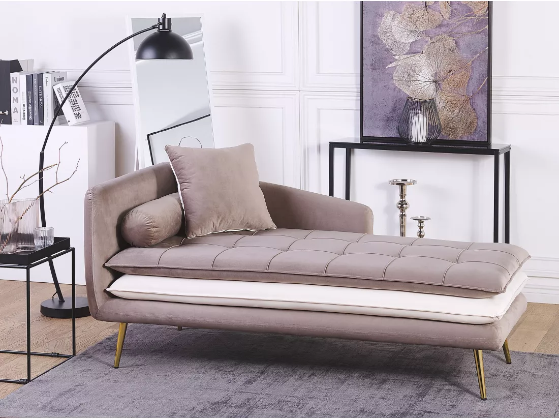 Chaise longue en velours marron clair / blanc et pieds dorés GONESSE