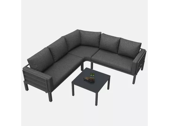 Salon de jardin (4-5 places), 1 table basse en verre trempé, structure en fer galvanisé, coussins d'assise et coussins gris, avec pieds réglables