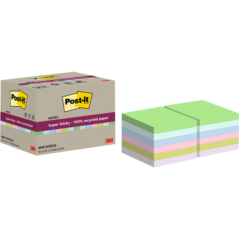 Post-it Haftnotizen Super Sticky Recycling, assortiert, 76 x 76 mm, 12 x 70 Blatt