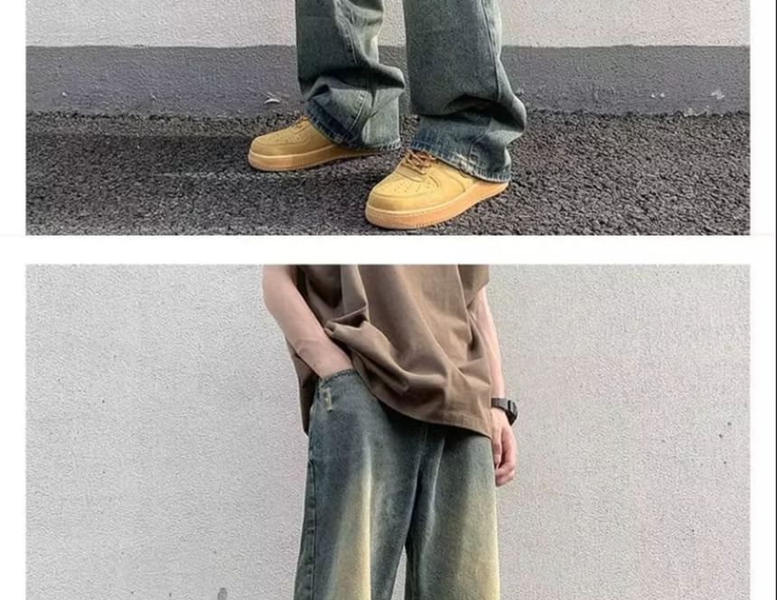 Kimeya - Low Rise Washed Distressed Wide Leg Jeans
