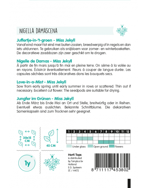 Hortitops Nigella - Juffertje-In-Het-Groen Miss Jekyll Blauw - Bloemenzaden - 1.5 g