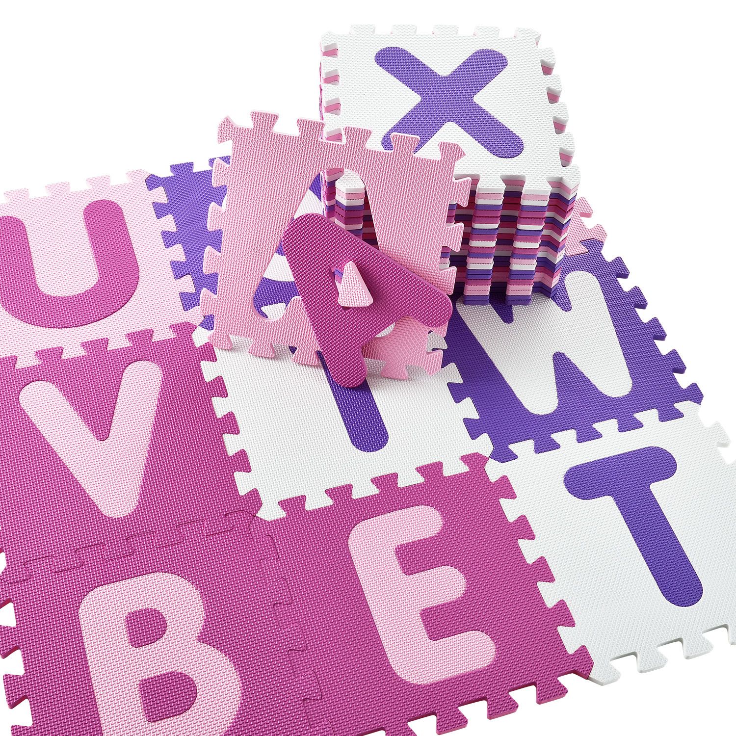 Juskys Kinder Puzzlematte Juna 36 Teile mit Buchstaben & Zahlen - rutschfest – rosa für Mädchen