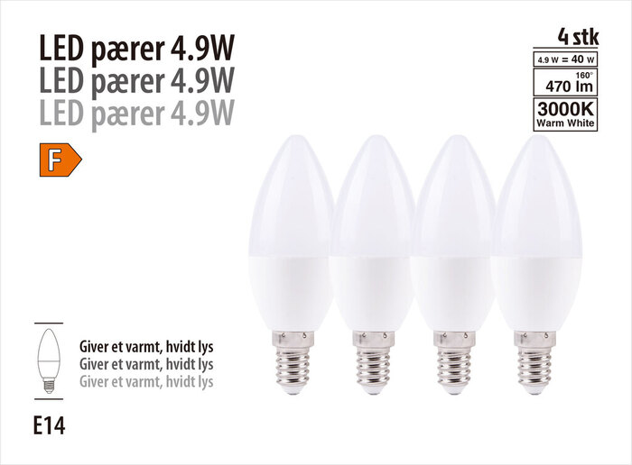 LED-pære kerte E14 4,9 W 4-pk.
