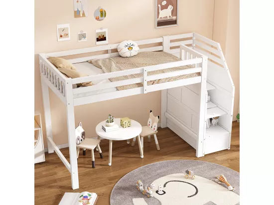 Lit mezzanine enfant 90x200 lit avec sommier à lattes garde-corps marches escamotables Blanc