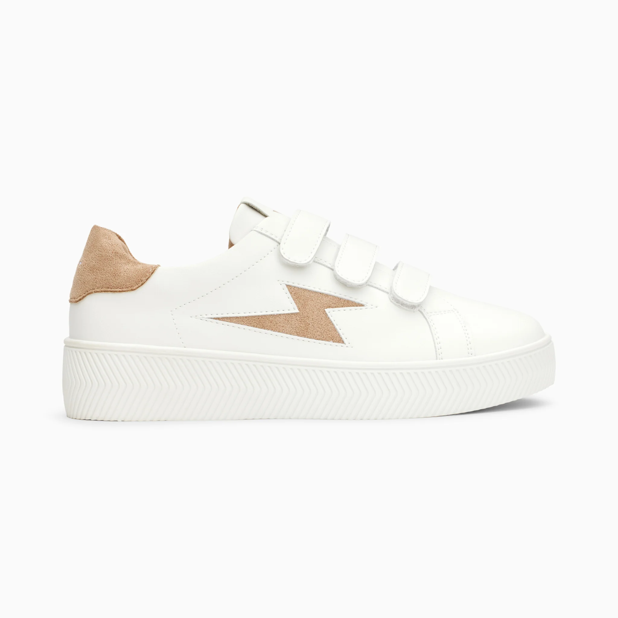 Sneakers-Baskets éclair Camelia blanc et beige à scratchs