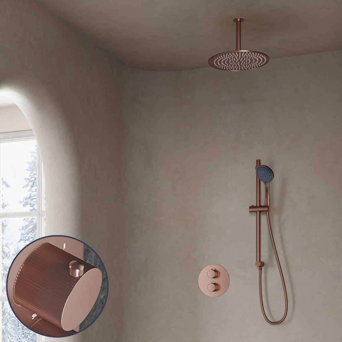 Saniclear Copper Stripes inbouw regendouche rond met 30cm hoofddouche, plafondarm, 3 standen handdouche en glijstang geborsteld koper