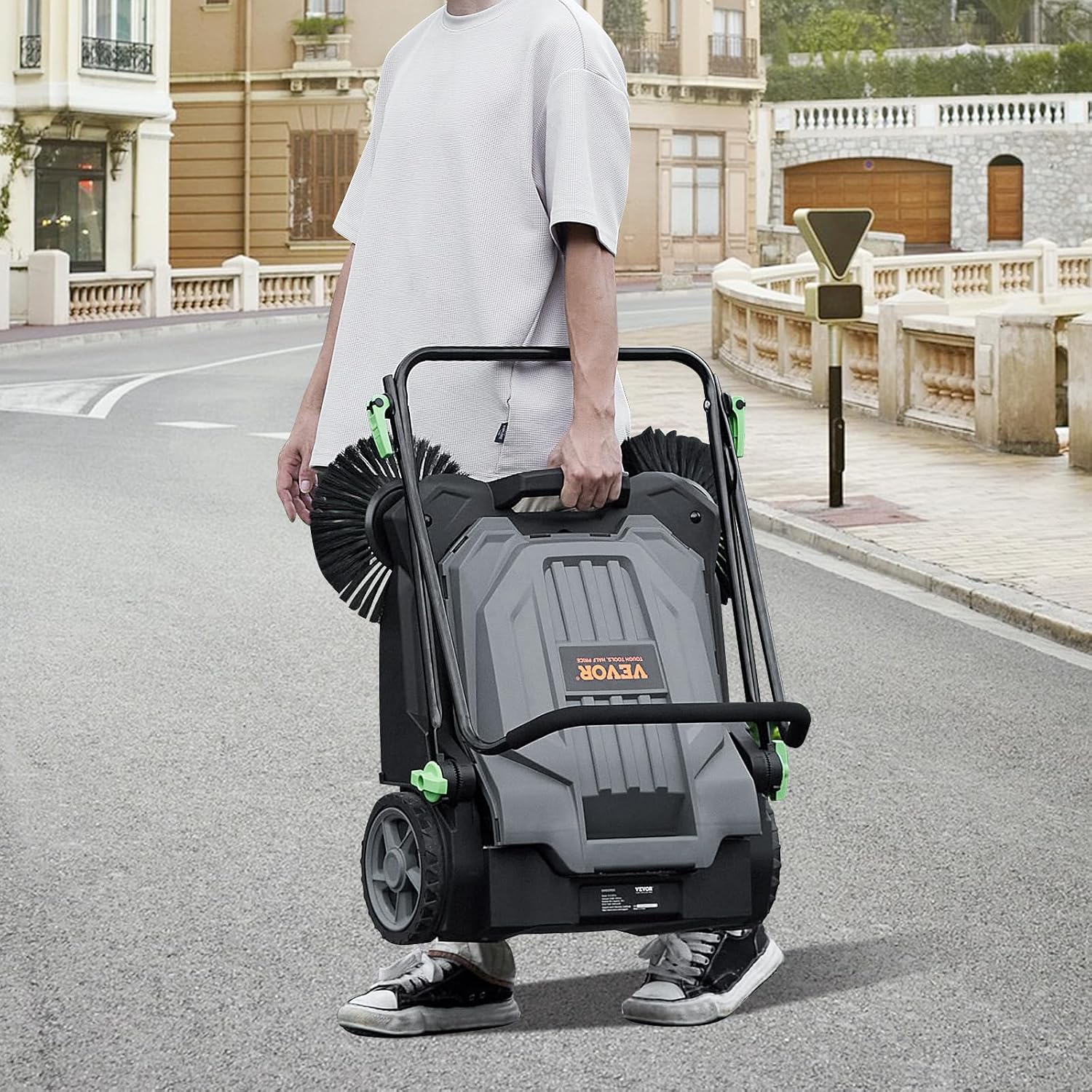 VEVOR Bodenkehrmaschine, mechanischer Kehrbesen mit 65 cm Kehrbreite, nicht elektrischer Handbesen, Abfallbehälter 18,9 L, klappbarer Griff mit einstellbarem Winkel und Höhe für Einfahrt und Hof