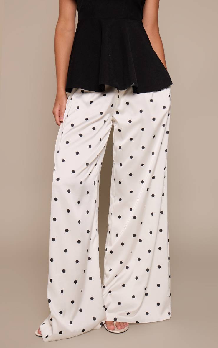 Crème Pantalon Large En Satin À Pois