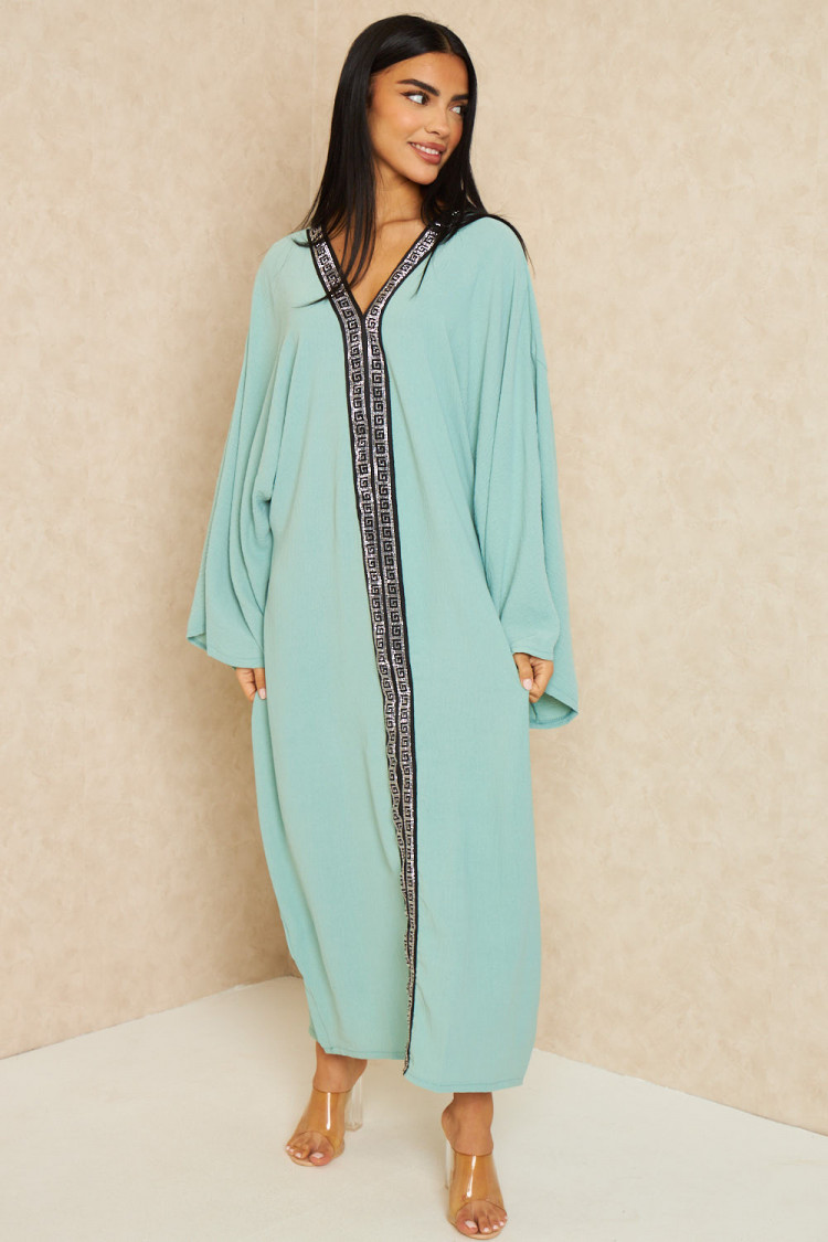 Abaya vert d'eau bandes à motif grec strass