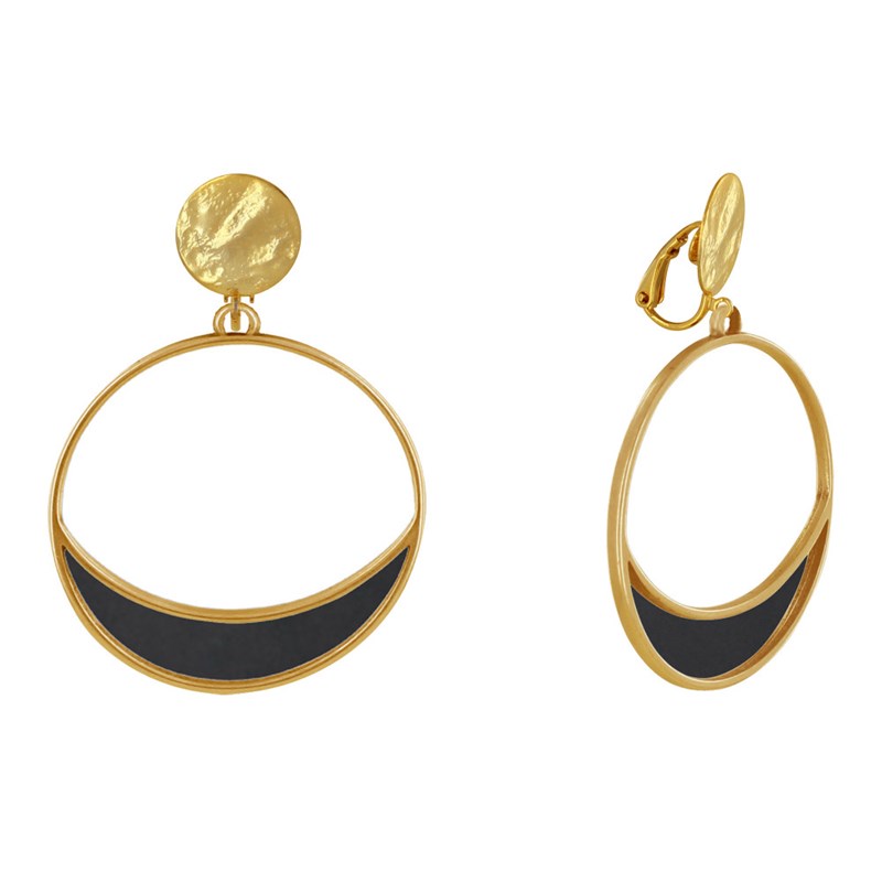 Boucles d'Oreilles Clip Métal Doré Cercle et Croissant de Lune Translucide Coloré