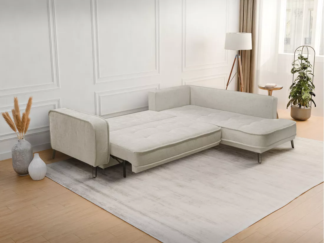 Canapé d'angle droit convertible en tissu beige BALCORIA de Maison Céphy