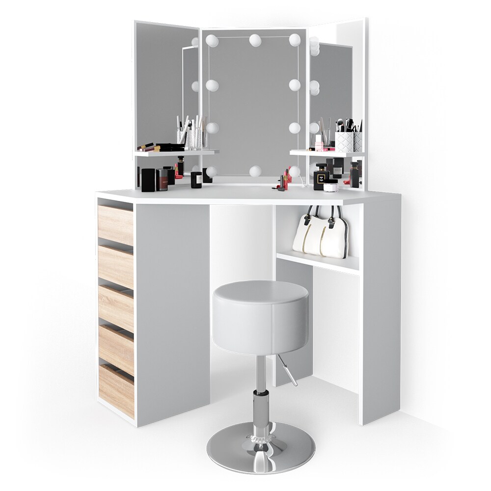 VICCO LED Eckschminktisch ARIELLE Kosmetiktisch Frisiertisch Weiß Eiche Hocker