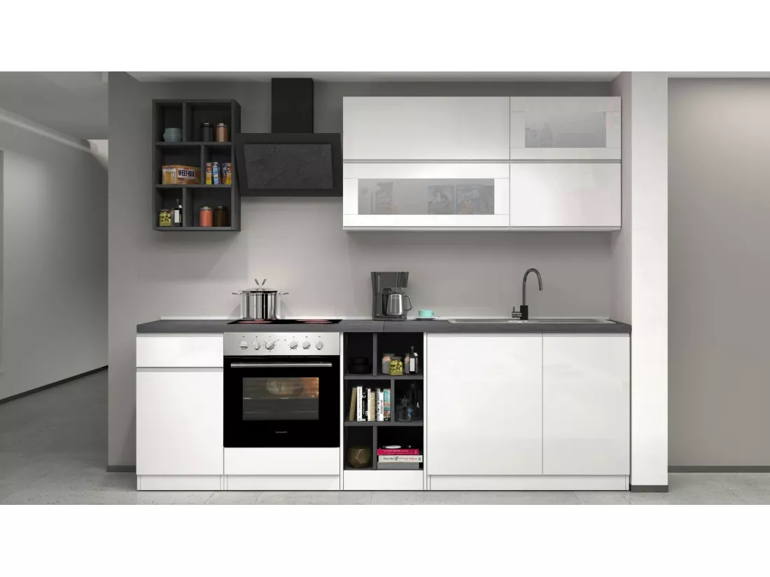 Cuisine complète Dcastill, Ensemble avec garde-manger, Meuble de kitchenette, Kit bloc linéaire, 100% Made in Italy, 255x60h85 cm, Blanc brillant et ardoise