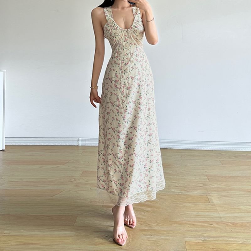 Honet - Mouwloze maxi-jurk met trekkoord en bloemenprint, kant en slim-fit