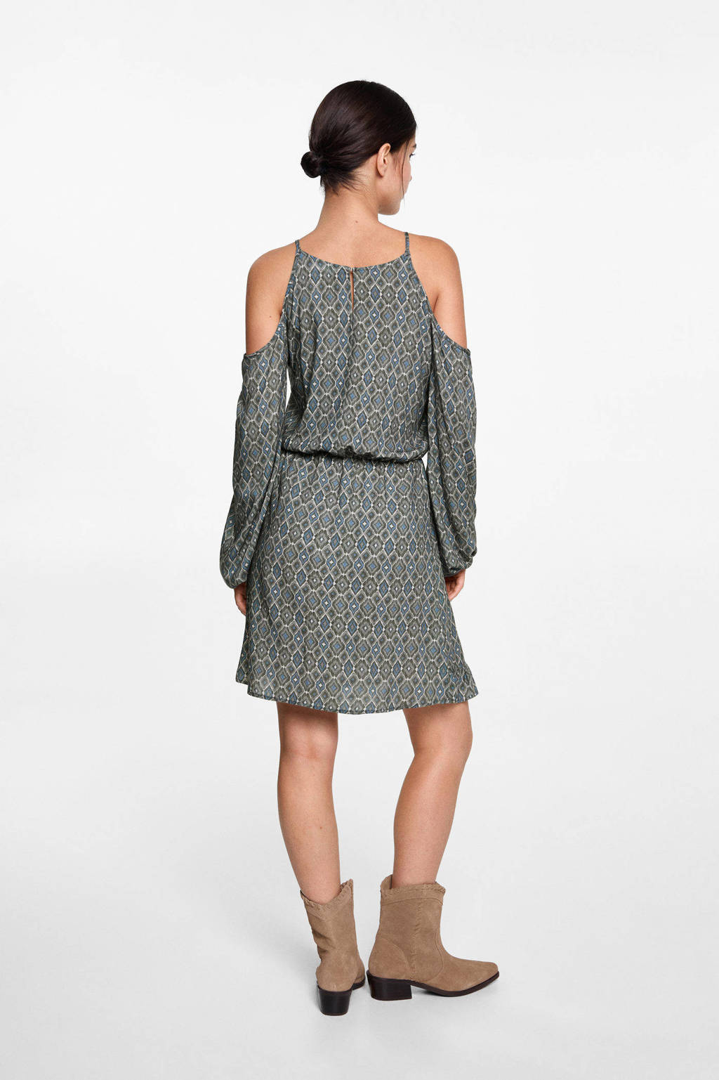 MANGO TEEN open shoulder jurk met all over print en volant beige - kaki