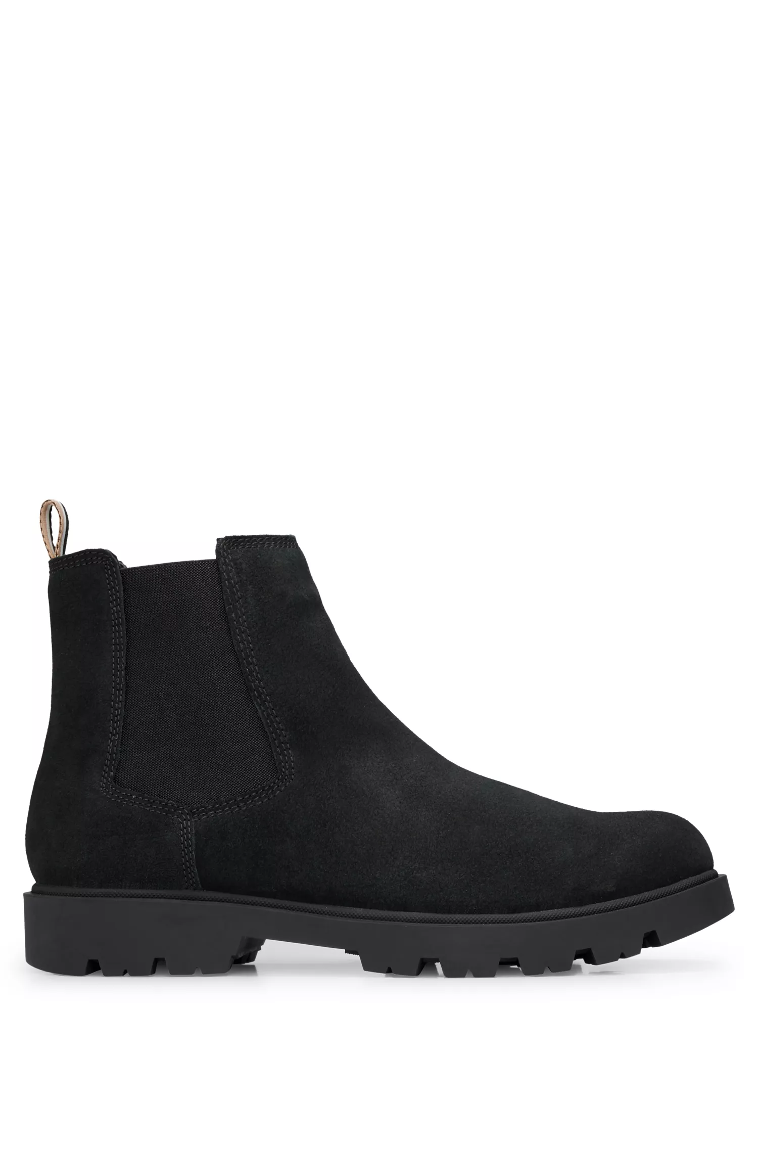 Botas Chelsea pretas da BOSS em camurça com fita listrada exclusiva.