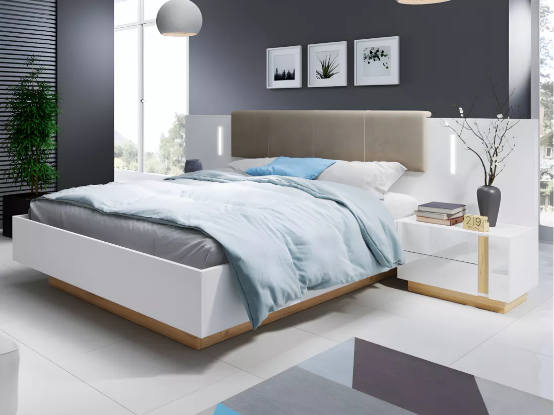 Lit avec chevets 160 x 200 cm - Avec LEDs - Blanc et naturel + Sommier - MURARI