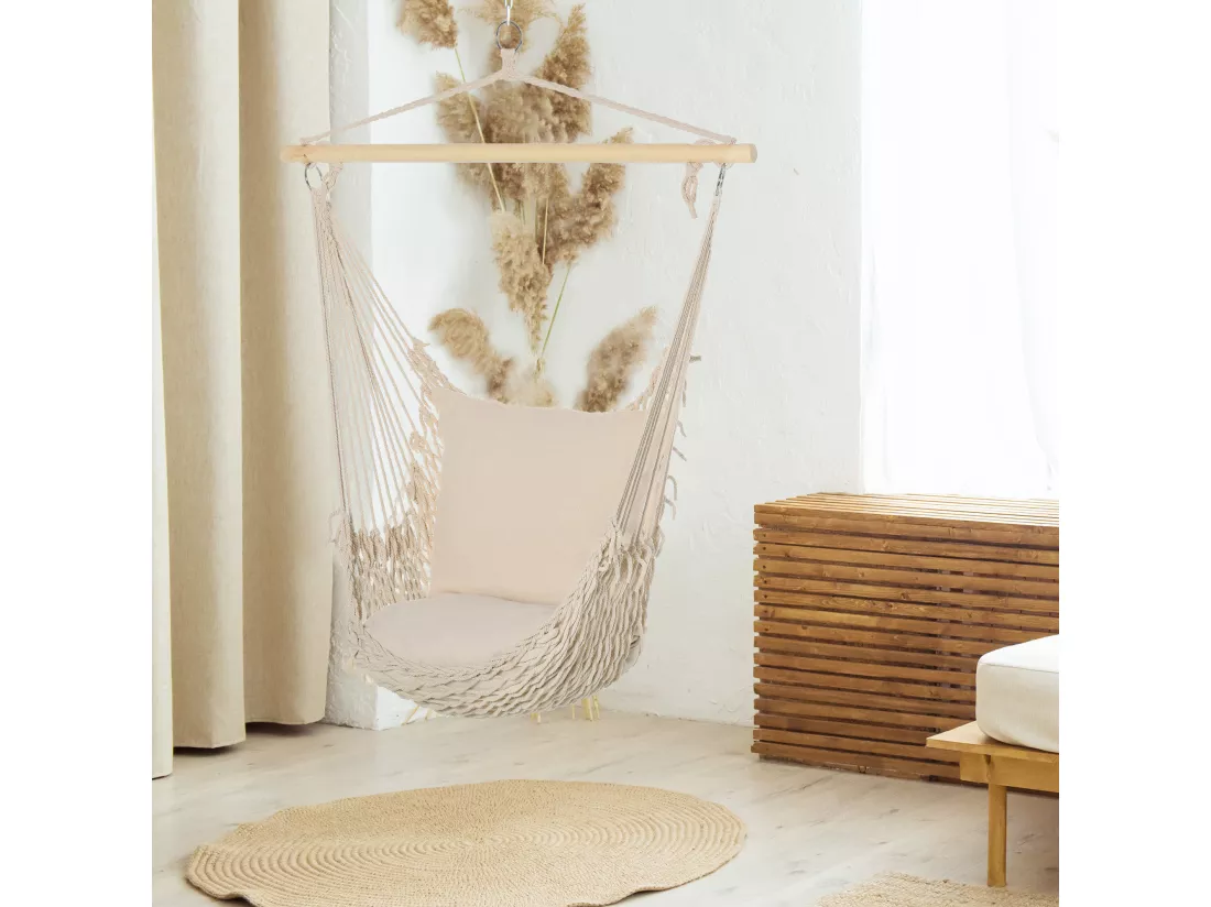 Chaise suspendue - fauteuil suspendu - assise dossier rembourrés - bois macramé tissu beige