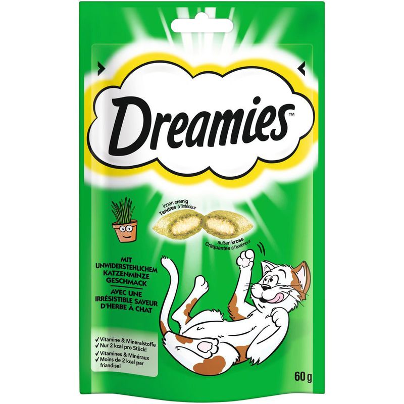 Friandises Dreamies Catisfactions, herbe à chat