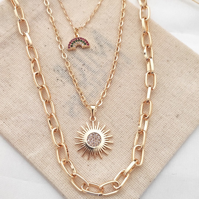 Collier multi-rangs - Laiton plaqué or & pierre de zircon