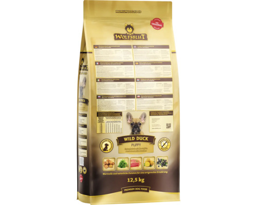 WOLFSBLUT Wild Duck Puppy droog hondenvoer, eend met aardappelen, puppyvoer met waardevolle superfoods, graanvrij, glutenvrij, 12,5 kg