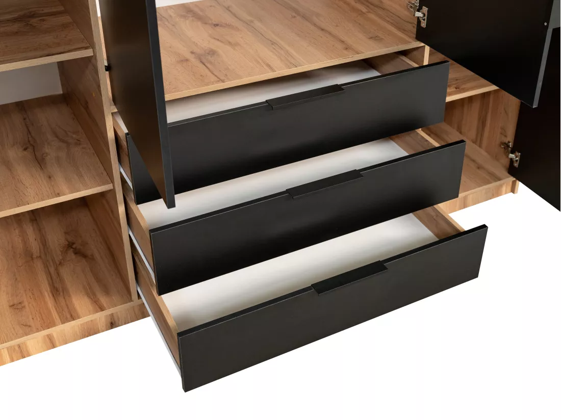 Armoire 4 portes et 3 tiroirs - Avec miroir - L196 cm - Coloris : Naturel et noir - LIRMADA