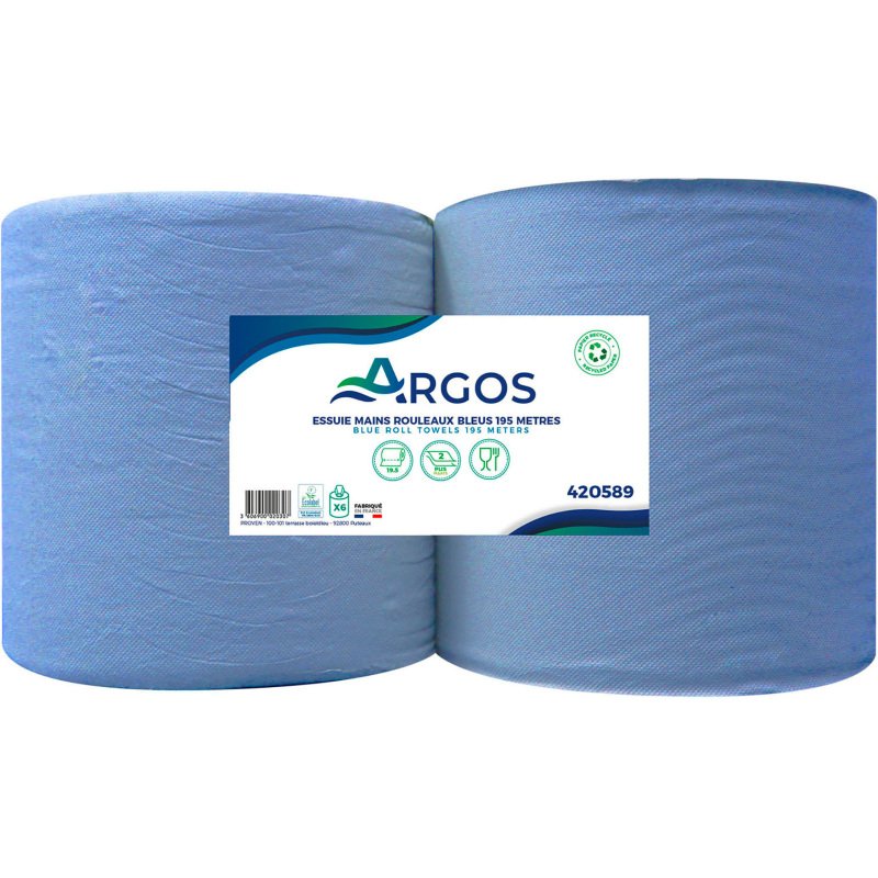 Rouleaux d'essuie-mains Argos double épaisseur bleu 195 m - Colis de 6