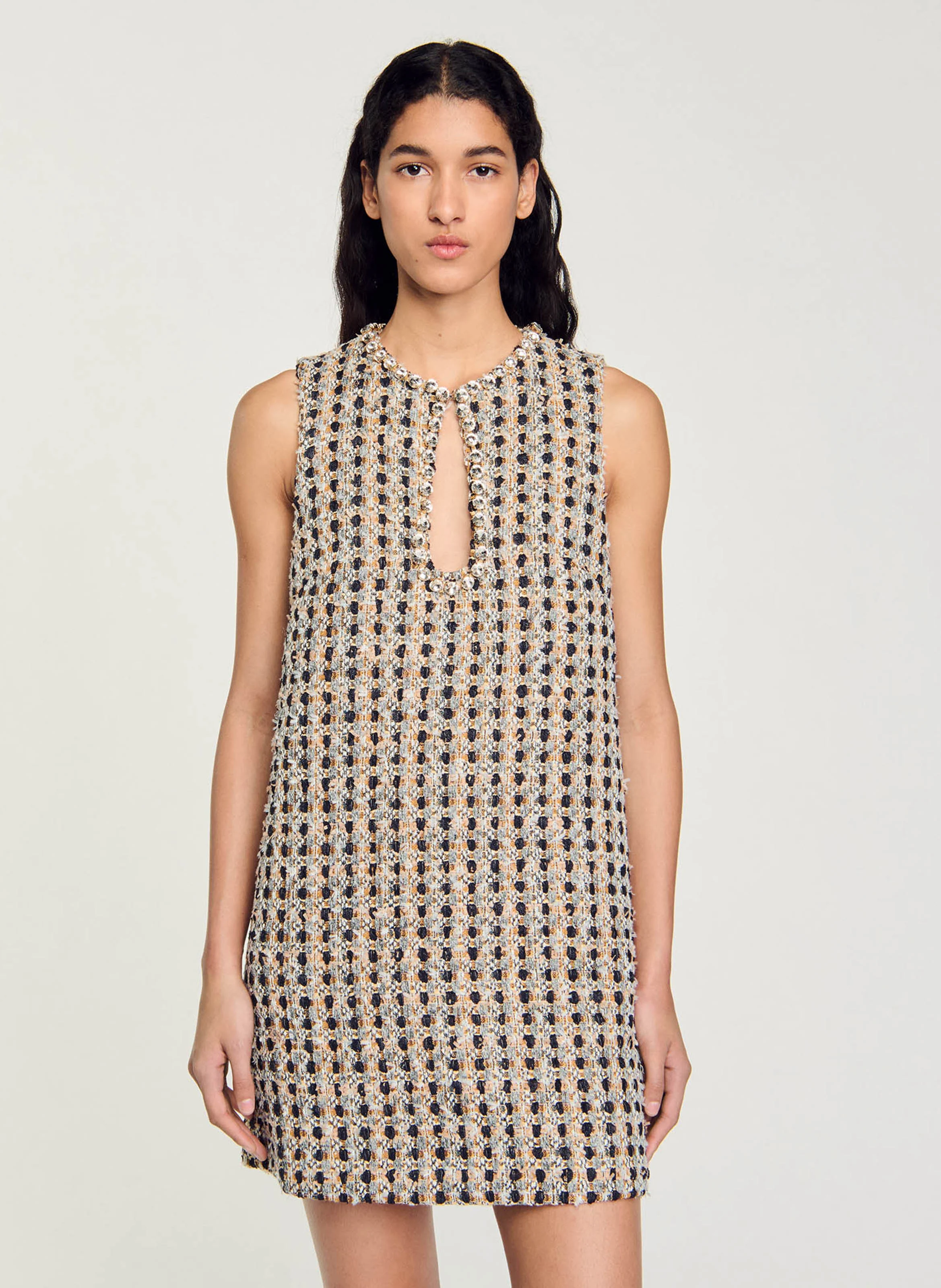 Robe courte col rond en tweed | Marron